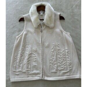 Christopher Banks Womens Vest Extra Large Removable Fur Snow Embroidered Cream